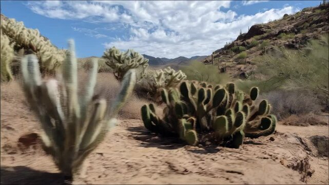 Sunny desert landscape with cholla cacti and mountains under a blue sky filled with fluffy clouds provides a classic American Southwest view.