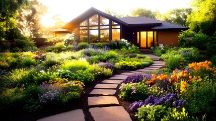 Obraz premium Sunny home with vibrant garden path