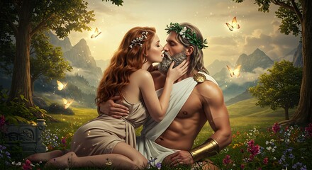 fantasy naughty sensual woman with butterfly costume and magical effect power with zeus romance scene 