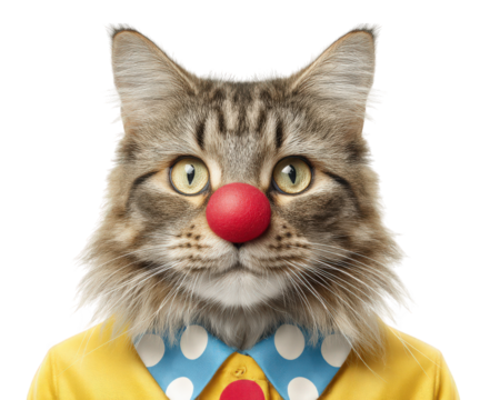 Maine Coon cat wearing colorful clown outfit with big red nose, exuding playful and whimsical vibe. This unique and humorous portrayal captures essence of fun and creativity