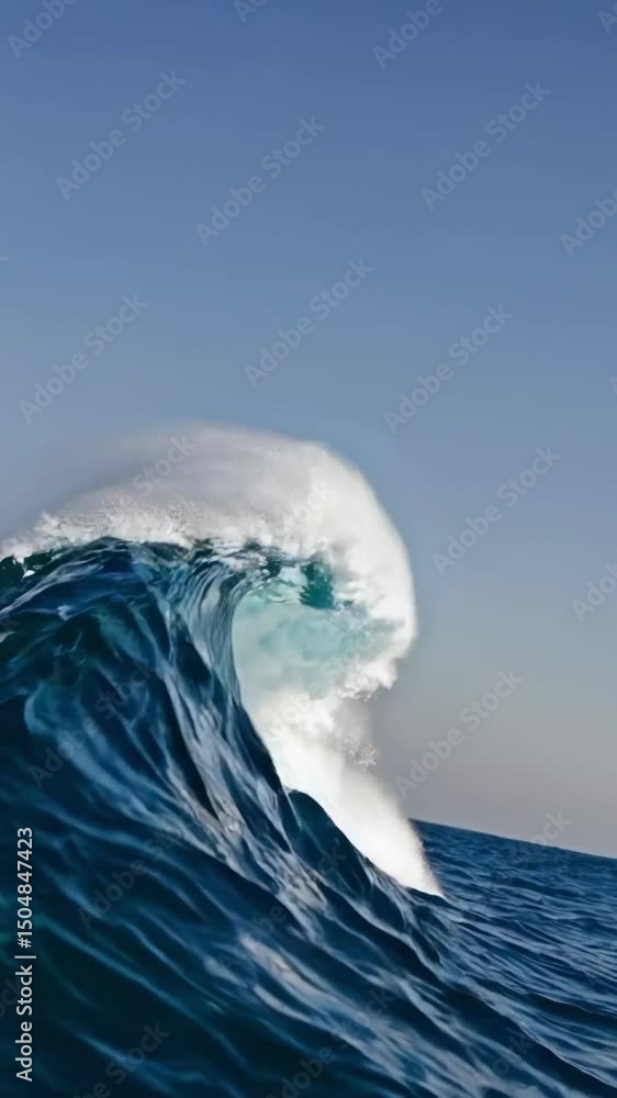 Poster dynamic video captures a powerful ocean wave from a low-angle perspective, emphasizing the wave's he