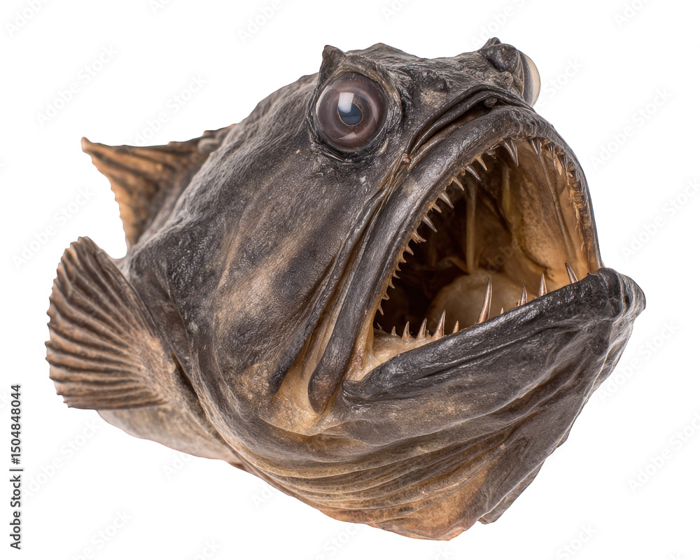Poster an anglerfish with sharp teeth and menacing appearance, isolated transparency background, showcasing