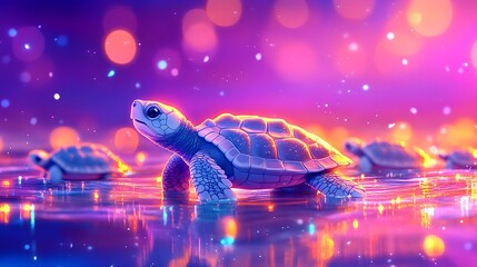 Cute turtles in vibrant, dreamy light