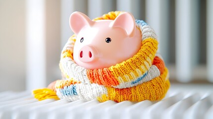 Pink piggy bank wrapped in a colorful scarf, resting on a radiator