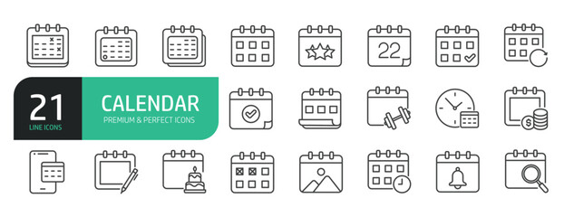 Set Of Calendar Line Icons. Contains such icons as Appointment, Holiday, Time, Date, Deadline, Meeting, Office, Plan, Schedule, School, Time Management, Vacation, Weekend, and more.