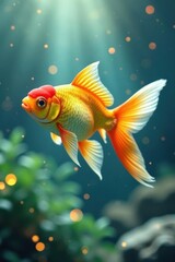 Fototapeta premium A vibrant goldfish gracefully swims through an underwater paradise, its scales shimmering under a gentle, ethereal light