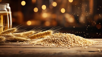 Wheat grains and stalks on a wooden surface.