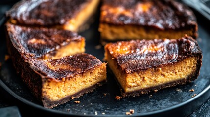 Sliced pumpkin cheesecake on dark plate, delicious dessert