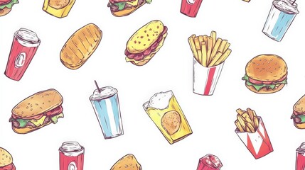 Colorful hand drawn fast food pattern featuring burgers drinks and fries