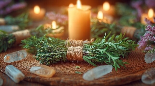 Herb bundles with mugwort, rosemary and thyme on wooden altar with crystals and candles for solstice ritual
