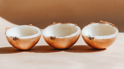 Three halved onions, empty interiors, beige background, sunlit still life
