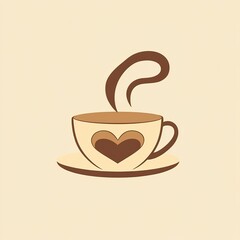 Obraz premium Minimalist flat style illustration of a cup of coffee with heart-shaped steam rising from it in warm brown and cream tones, perfect for cafe branding, logo design or cozy beverage packaging.