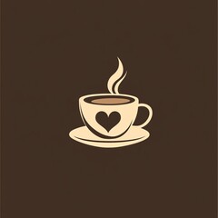 Obraz premium Minimalist flat style illustration of a cup of coffee with heart-shaped steam rising from it in warm brown and cream tones, perfect for cafe branding, logo design or cozy beverage packaging.