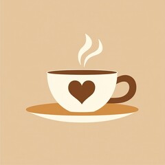 Obraz premium Minimalist flat style illustration of a cup of coffee with heart-shaped steam rising from it in warm brown and cream tones, perfect for cafe branding, logo design or cozy beverage packaging.