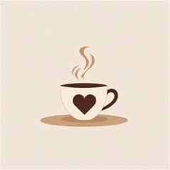 Fototapeta premium Minimalist flat style illustration of a cup of coffee with heart-shaped steam rising from it in warm brown and cream tones, perfect for cafe branding, logo design or cozy beverage packaging.