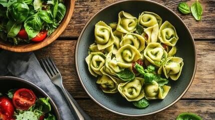 Tortellini pasta dish with pesto, salad, and tomatoes on rustic wooden table
