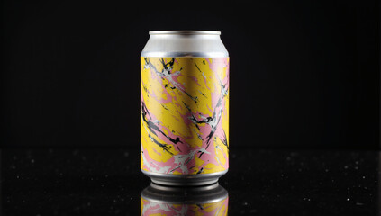 Abstract Aluminum Can with Swirling Yellow, Pink, Black Lines on Dark Reflective Background &ndash; Modern Metallic Design, Studio Shot, Artistic Beverage Can, Creative Packaging