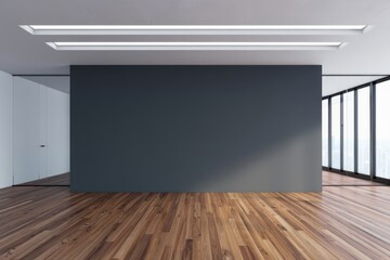 Modern Empty Office Space with Dark Gray Wall and Wood Floor