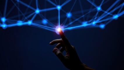 Hand Interacting with Futuristic Blue Network Connection