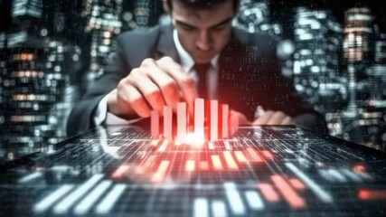 Business professional analyzing digital data trends on a futuristic touchscreen in a cityscape - Powered by Adobe