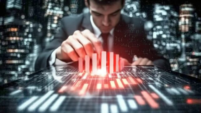 Business professional analyzing digital data trends on a futuristic touchscreen in a cityscape - Powered by Adobe