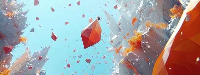 Abstract red structure floating in a blue, textured environment.