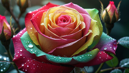 Close Up Image of Vibrant Rainbow Colored Rose Flower with Dew Drops on Petals in Natural Garden Background