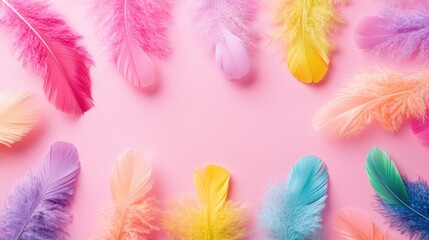 Colorful feathers frame on pink background; spring design