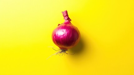 Red onion on yellow background, vibrant food photography, minimal design, recipe website