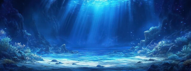 Fototapeta premium Blue underwater scene with rocks and sunlight.