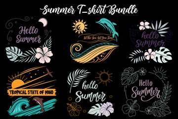 Trendy Summer T-shirt Quote Bundle.Floral & Wave Summer Shirt Vector Set.