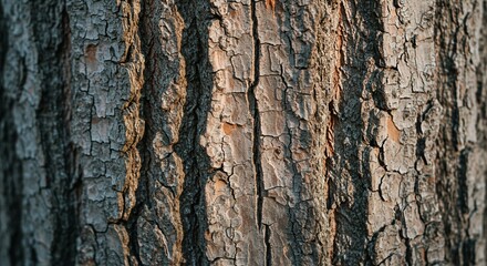 Obraz premium Textured Tree Bark Closeup: Sunlight Illuminates Cracked Surface