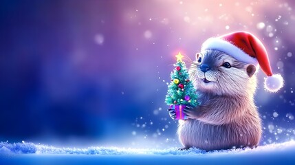 Cute otter in Santa hat holds Christmas tree