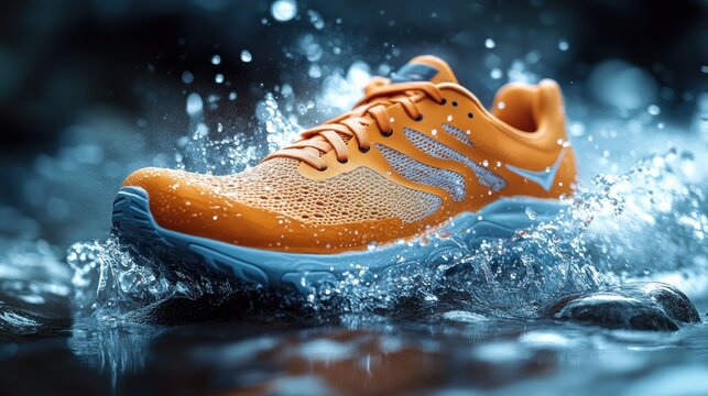 Orange Athletic Shoe Splashing in Water