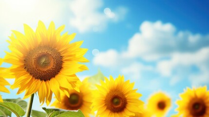 Obraz premium Vibrant sunflowers blooming under a bright, blue sky.
