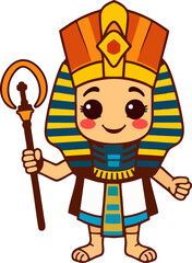 Adorable Cartoon Pharaoh Girl Holding Staff – Cute Ancient Egypt Vector for Educational and Kids Content