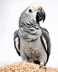 Obraz premium A female gray cockatiel parrot is eating grain The parrot is isolated on a white background 