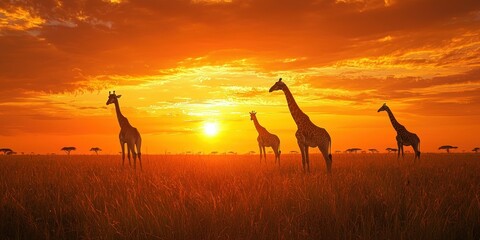 A breathtaking African safari scene with giraffes grazing under a dramatic orange sky