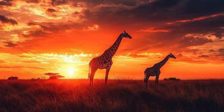 Fototapeta A breathtaking African safari scene with giraffes grazing under a dramatic orange sky
