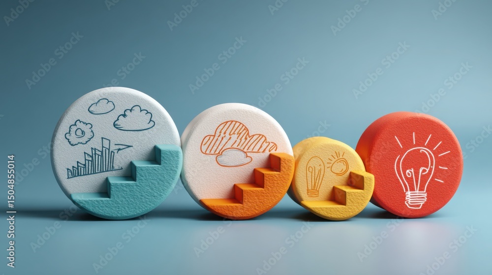 Poster comprehensive innovation maturity model icon concept illustrating a step model with crown emphasizin