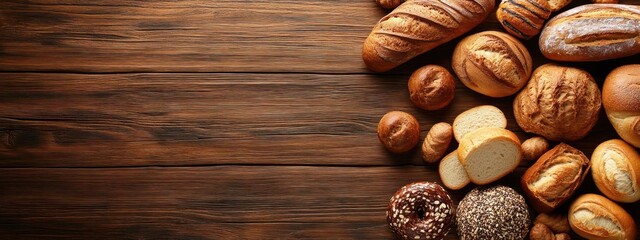 Variety of fresh baked breads arranged on a wooden surface.