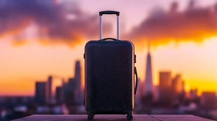 Black suitcase on rooftop, city skyline at sunset