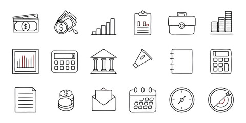 Business & Finance Icon Set – Minimalist Line Icons for Money, Graphs, Banking & Communication
