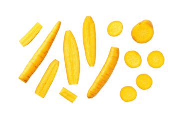 Abstract scatter of yellow carrot bits giving playful texture for children’s nutrition apps and snack ads