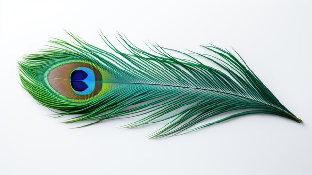 Vibrant peacock feather with iridescent eye detail.