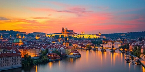 Fototapeta premium A breathtaking cityscape at dusk, with the sky painted in hues of orange and pink