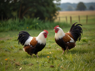 Chickens grazing on a pasture