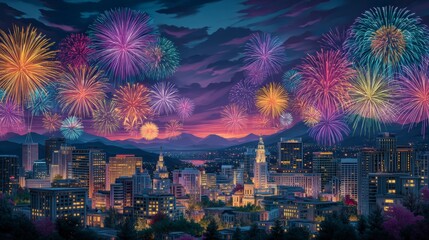 Obraz premium Festive Cityscape Fireworks Display over Night City Skyline