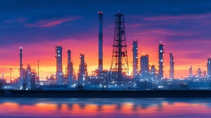Industrial Sunset  Refinery Towers Silhouetted Against Vibrant Sky
