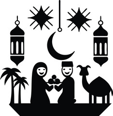 Eid al-Adha Vector Icon Set &ndash; Muslim Family, Mosque, Lanterns, and Qurban Animal